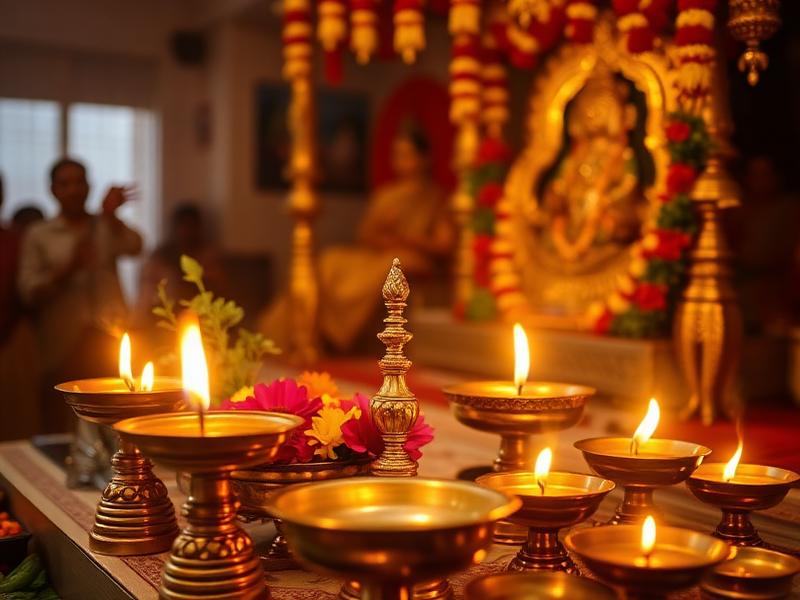 Traditional puja ceremony with brass lamps