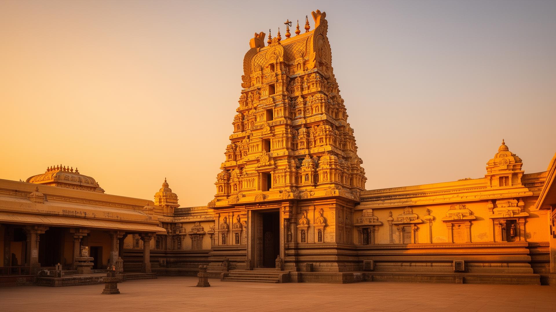Sri Lakshmi Narasimha Swamy Temple exterior at golden hour