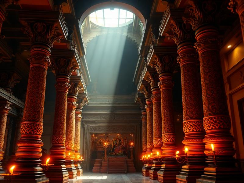 Temple interior with sacred pillars and diyas